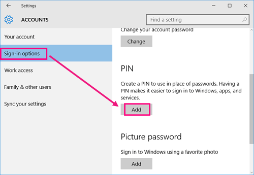 add pin on windows 10