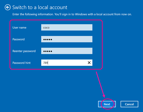 enter the local account information