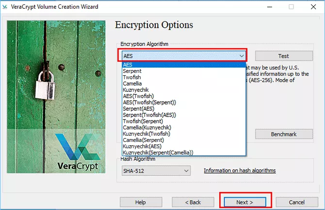 select encryption algorithm