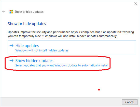 click on show hidden updates