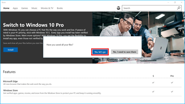 begin to switch windows 10 s to pro