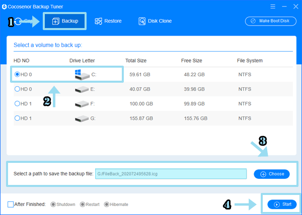 use cocosenor backup tuner to backup windows 10 os