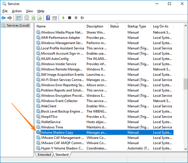 set the properties of Volume shadow copy