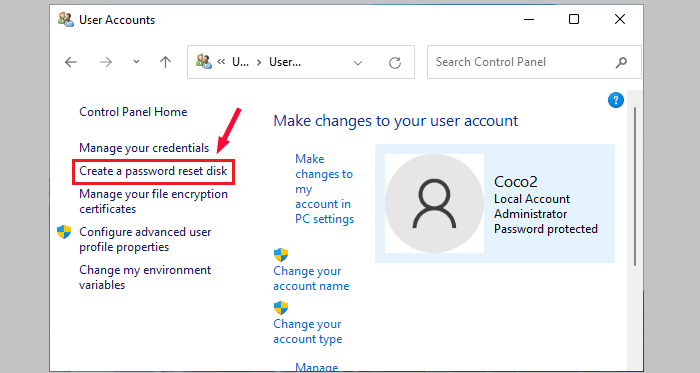 select create a password reset disk