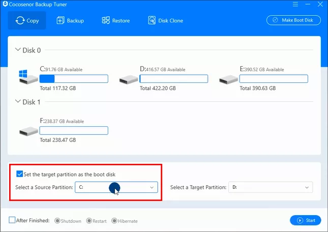select system partition to clone