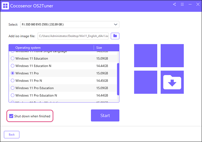 check Shut down when finished option