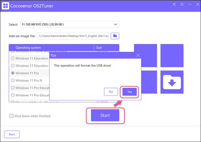 click Start and click Yes to format USB