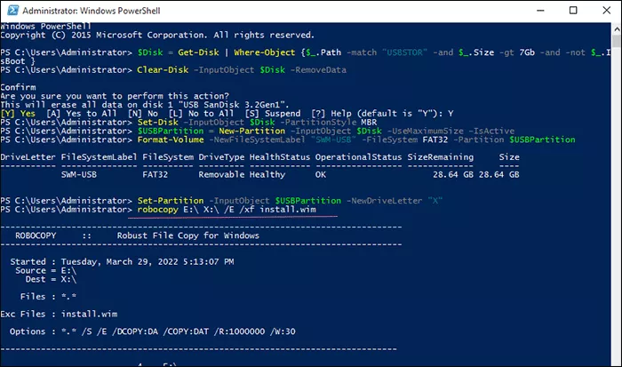 run command to copy all mounted files except install wim file