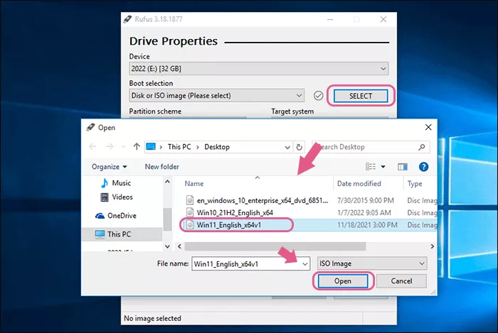 select Windows 11 ISO file to open