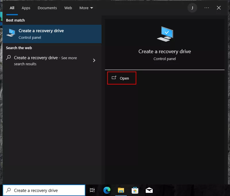 open Create a recovery drive
