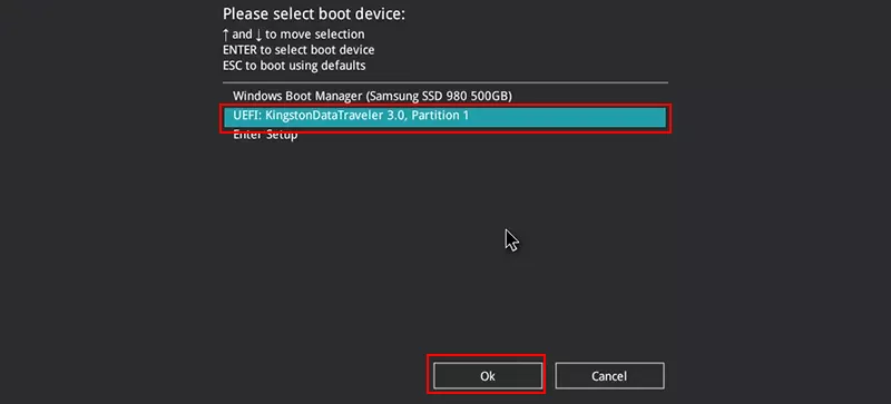 select to boot from USB