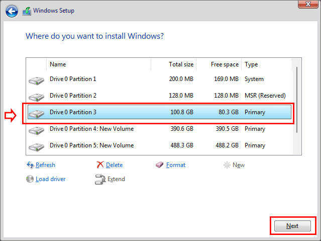 choose partition to install Windows 11
