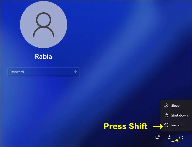 press Shift and click Restart