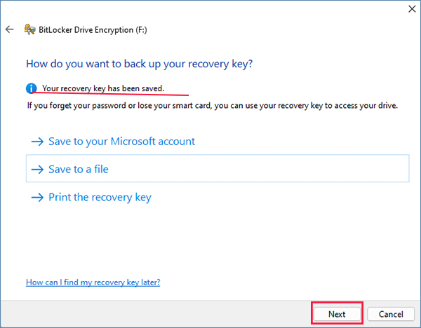 choose a way to back up recovery key