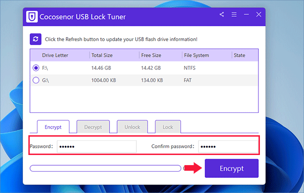 set the password to encrypt pen drive