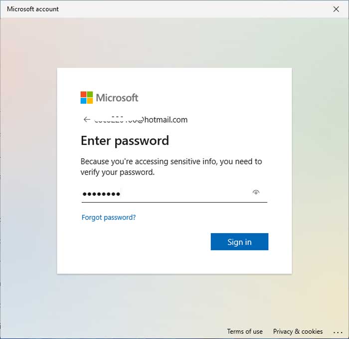 type in microsoft password