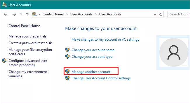 click Manage another account