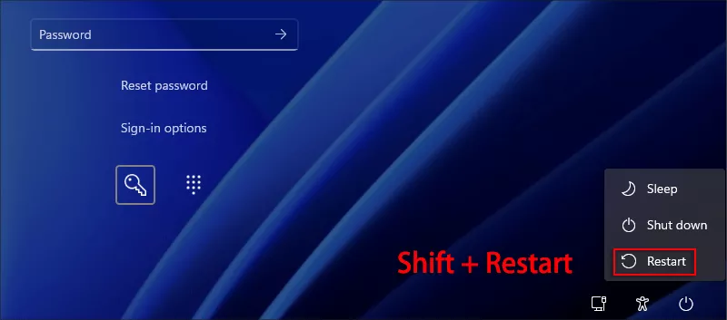 hold Shift and press Restart