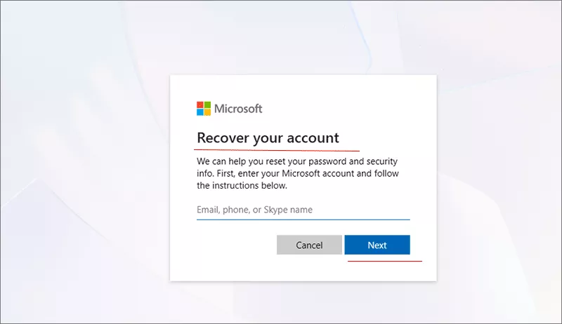Microsoft Recover your account page
