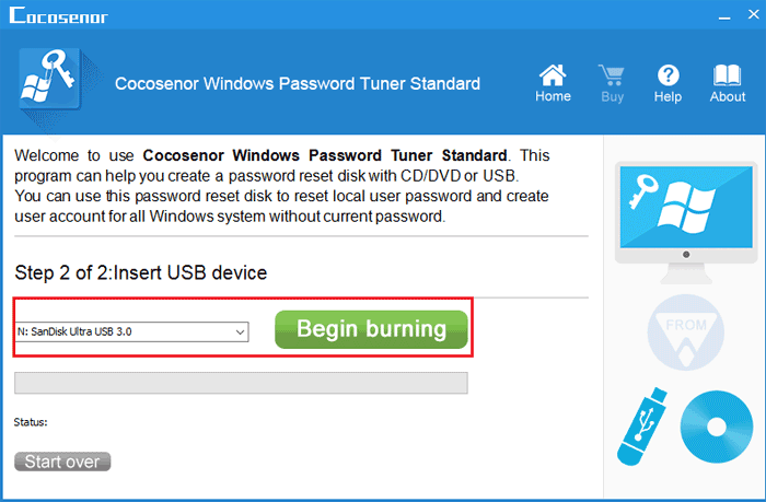begin burning to create password reset disk