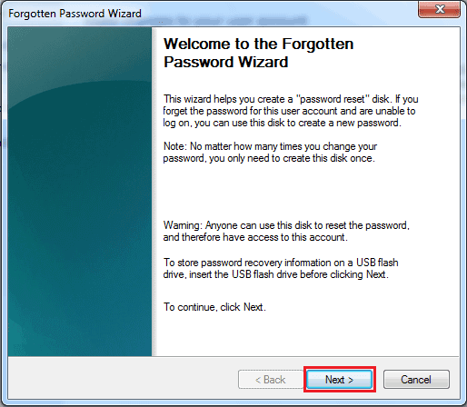 click next on forgotten password wizard
