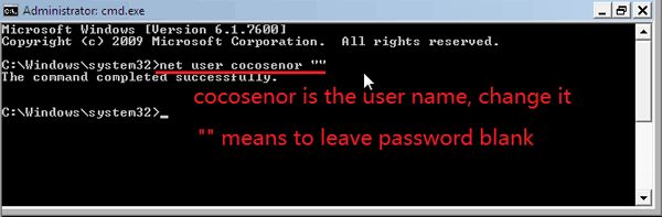 remove windows 7 password with command