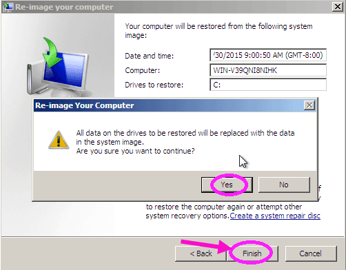 click finish to restore computer