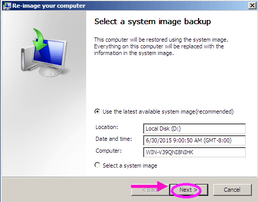 select a system image backup