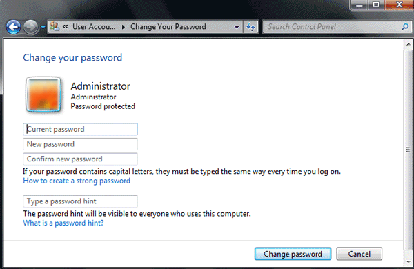 change password hint win 7