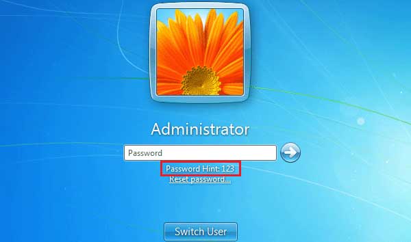 password hint on windows 7