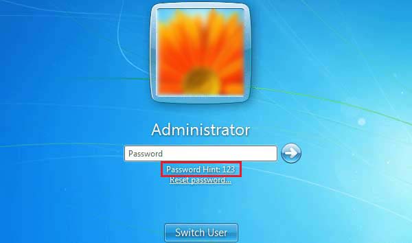 password hint on windows 7