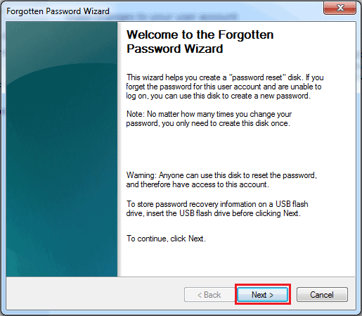 forgotten password wizard