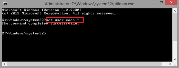 remove windows 8 password with command