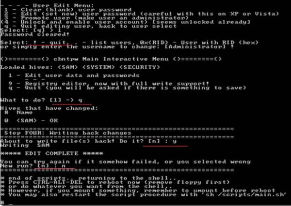 quit offline nt password registry