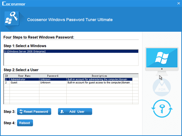 reset widows server 2008 password