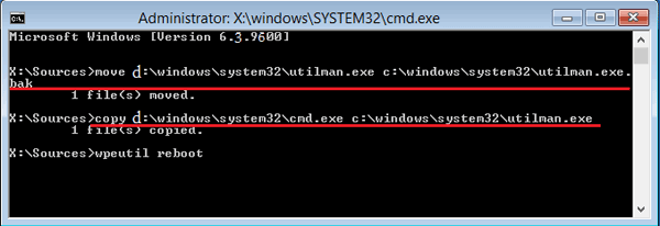 replace utilman.exe with cmd.exe