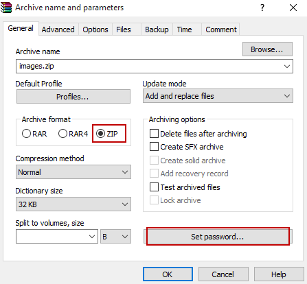 select archive format in WinRAR
