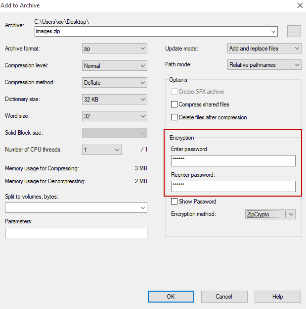 set password for zip archive in 7 zip