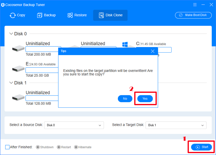 click start and yes to clone disk