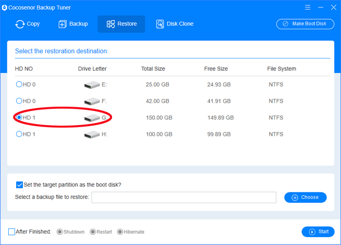 select the restoration destination