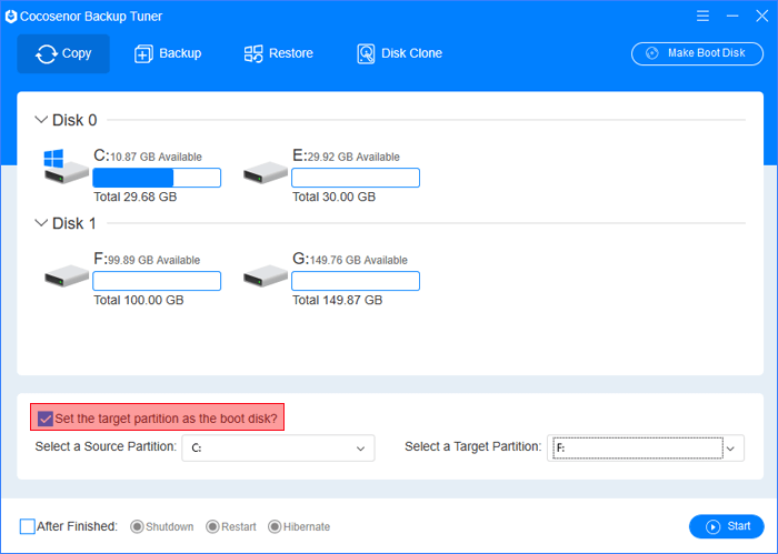 set the target partition as the boot disk