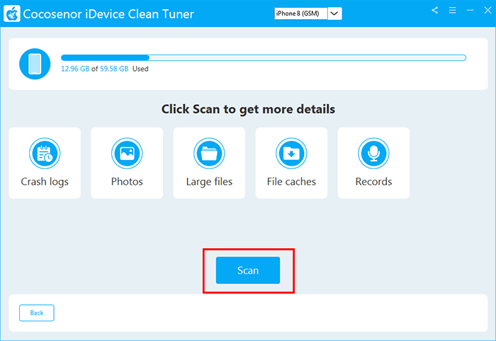 click Scan to find junk files on iPhone