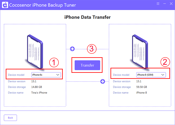 select source iPhone and the target iPhone