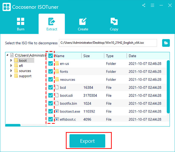 select contents to export