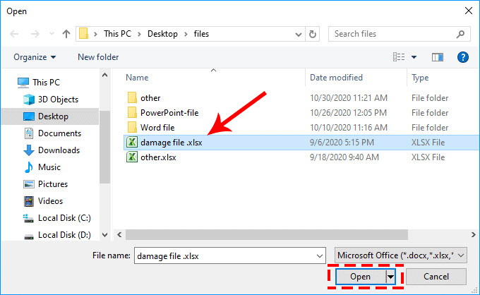 select damage file and open