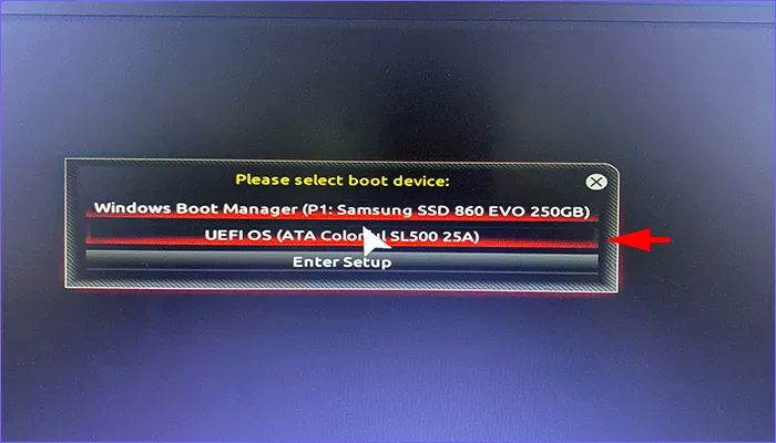 choose to boot from USB