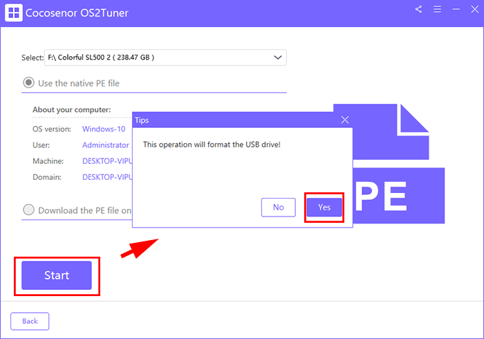 click Start and format USB to make PE