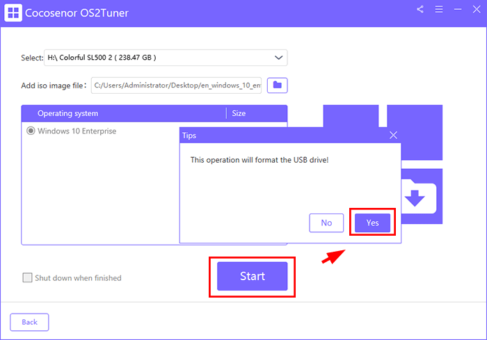 click Start and format USB