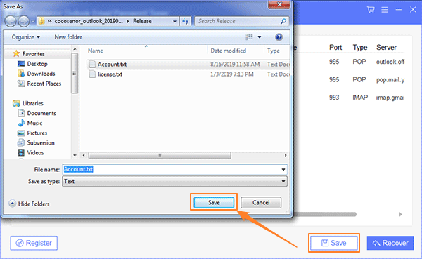 save the recovered outlook email password to the local document
