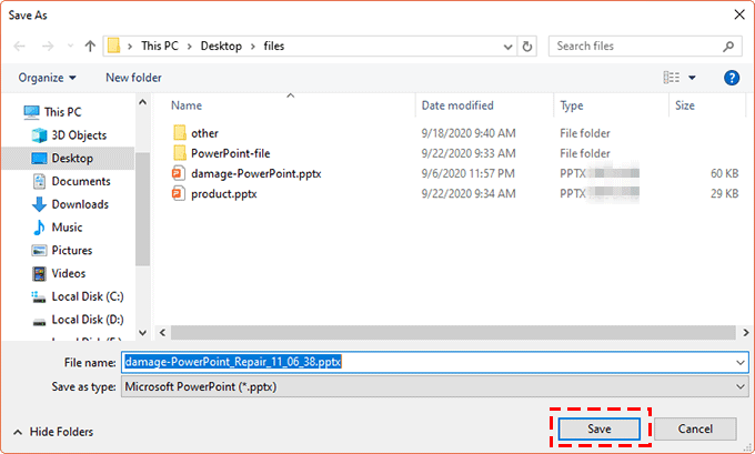 set a path to save repaired file